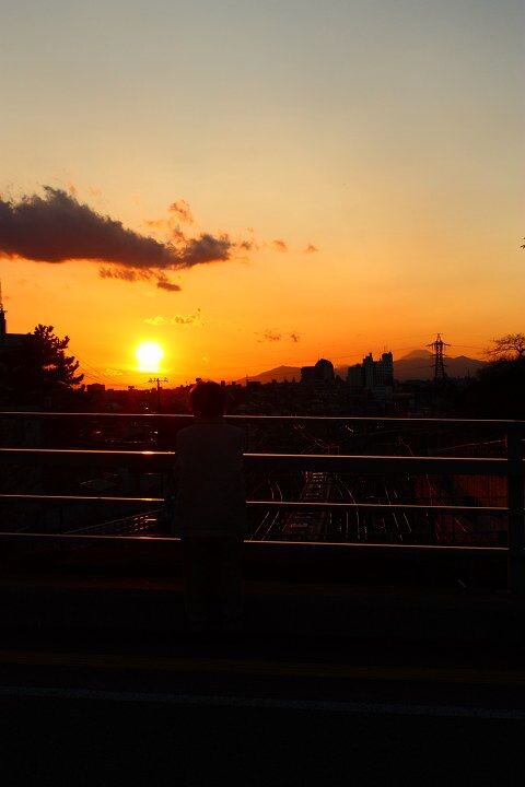 夕阳,老人,富士山
