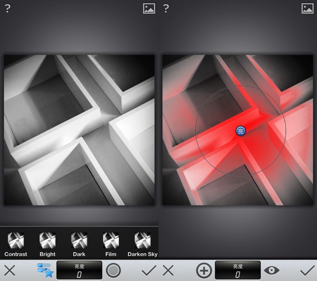 将图片导入到Snapseed中之后，我们可以实现以下功能：       AUTOMATIC：自动调整，针对图片进行对比度调整或者色彩调整；       SELECTIVE ADJUST：选择性调整，或者说是点区域调整。之所以将它排在很靠前的顺位，因为点区域调整本身就是NikSoftware在电脑上的后期滤镜插件的一大特色。（相当于一种更为傻瓜式的蒙版）在Snapseed上也有了如此体现，虽然与电脑相比，Snapseed的点控制功能会简单很多，但也是十分强大的一项工具。类似于蒙版操作，选择一个点，两个手指控制红色区域（即调节范围）之后便可以进行一些基础调节。       Snapseed的操作十分别致，没有程度调节按钮。手指在画面上左右滑动便可以进行滤镜程度的调节，上下滑动则可以改变不同的基本参数（左右滑动多数人一开始便可以知晓，而上下滑动操作却极容易被忽略）。       TUNE IMAGE：基本参数的调节，比如亮度、环境、对比度等。       STRAIGHEN：水平调节。       CROP：裁剪。       DETAILS：锐化操作。       BLACK&WHITE：转化为黑白。Snapseed提供了不同的黑白模式（比如Dark、Film）同时也可以调节黑白模式下不同颜色的敏感程度。       除此以外，Snapseed还可以实现VINTAGE（复古效果）、DRAMA（戏剧效果）、HDR SCAPE、GRUNGE（邋遢风格）、CENTER FOCUS（模糊）、TILT-SHIFT（移轴）、RETRO LUX（复古）、FRAMES（边框）等等功能，只要实际体验操作，就可以快速掌握。如果遇到困难，点击问号可以快速说明操作，使得使用者很快掌握操作方式。